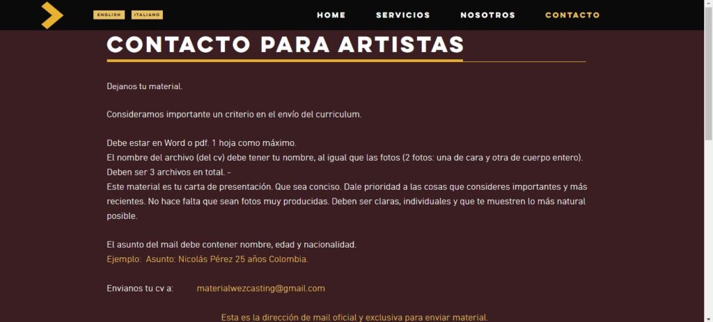 Página de contacto para artistas de Wez Casting